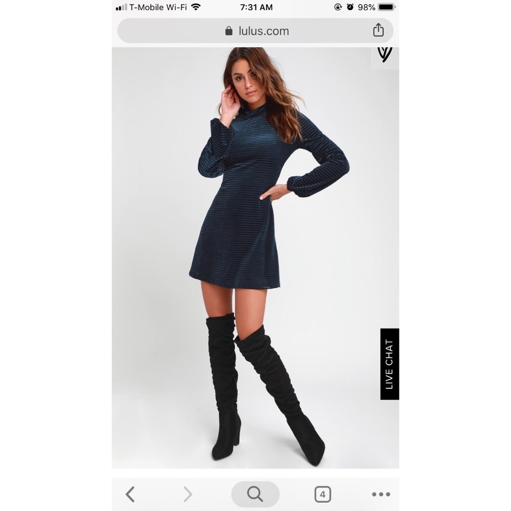 NAVY BLUE STRIPED VELVET BALLOON SLEEVE DRESS